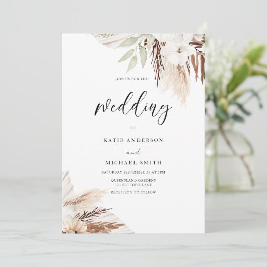 Invitation Boho Blanc Floral Élégant Mariage (Debout devant)