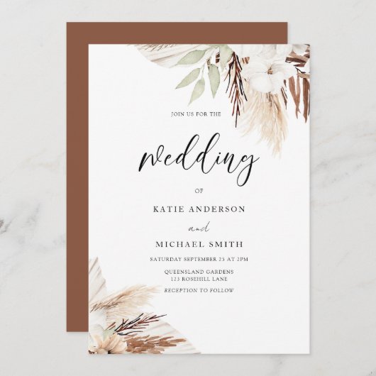 Invitation Boho Blanc Floral Élégant Mariage (Devant / Derrière)