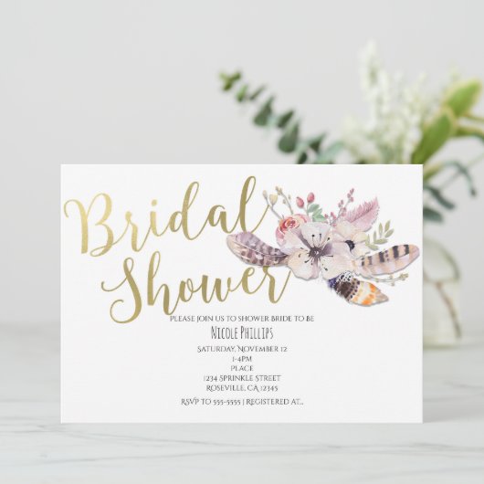 Invitation Boho Blanc Floral Gold (Debout devant)
