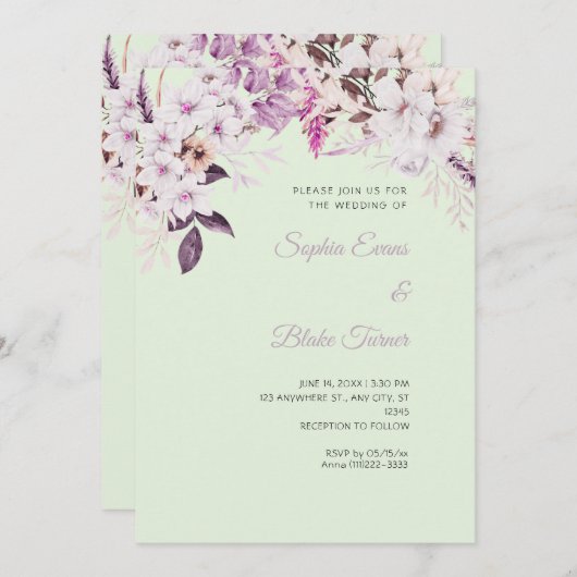 Invitation Boho Blanc Floral Hiver Vert clair Mariage (Devant / Derrière)