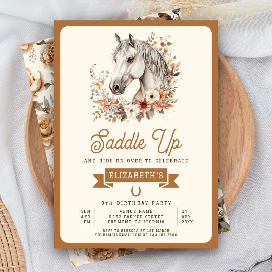 Invitation Boho Blanc Floral Horse Cowgirl Anniversaire