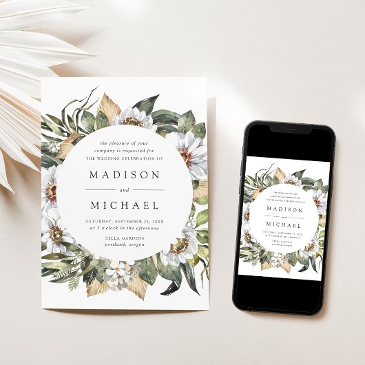 Invitation Boho Blanc Floral Mariage Cadre