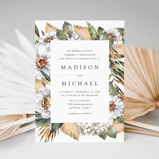 Invitation Boho Blanc Floral & Mariage de verdure