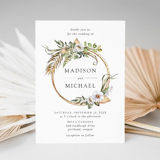 Invitation Boho Blanc Floral & Mariage de verdure