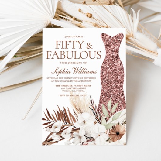 Invitation Boho Blanc Floral Rose Gold robe 50e anniversaire
