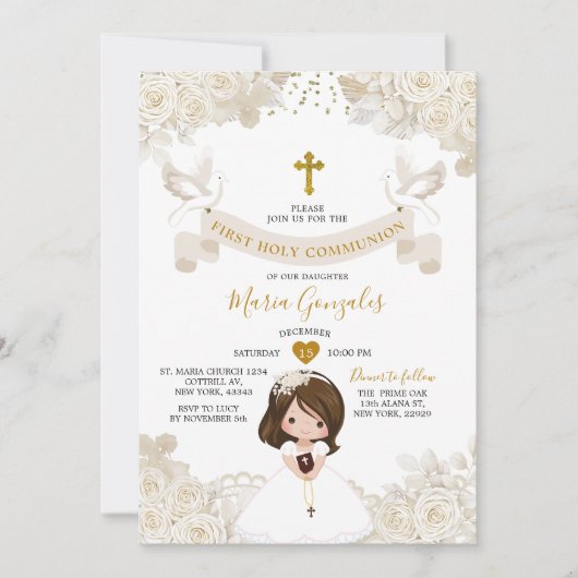 Invitation Boho Blanc Ivoire Fleur Fille Première Sainte Comm (Devant)