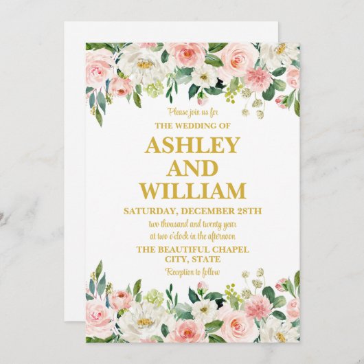 Invitation Boho blanc rose et or Boho Bohemian GreenerMariage (Devant / Derrière)