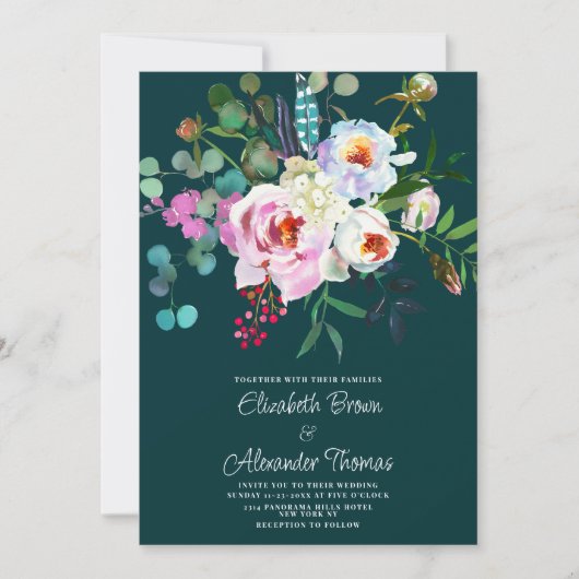 Invitation Boho blanc rose forêt vert peony mariage floral (Devant)