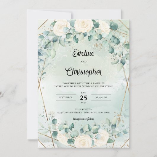 Invitation Boho blanc roses eucalyptus faux cadre or (Devant)