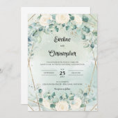 Invitation Boho blanc roses eucalyptus faux cadre or (Devant / Derrière)