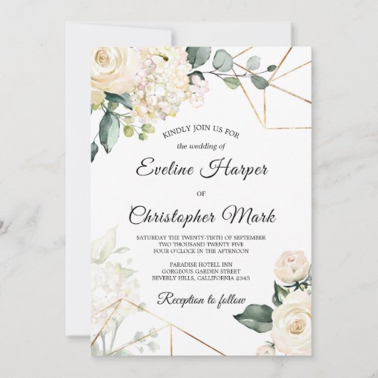 Invitation Boho blanc roses hydrangeas cadre or mariage (Devant)