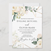 Invitation Boho blanc roses verdure eucalyptus or mariage (Devant)
