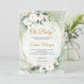 Invitation Boho blanc roses verdure feuillage or ovale Baby (Debout devant)