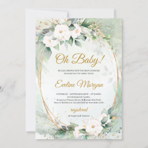 Invitation Boho blanc roses verdure feuillage or ovale Baby