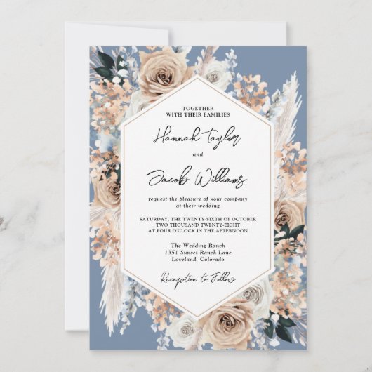 Invitation Boho bleu Dusty (Devant)