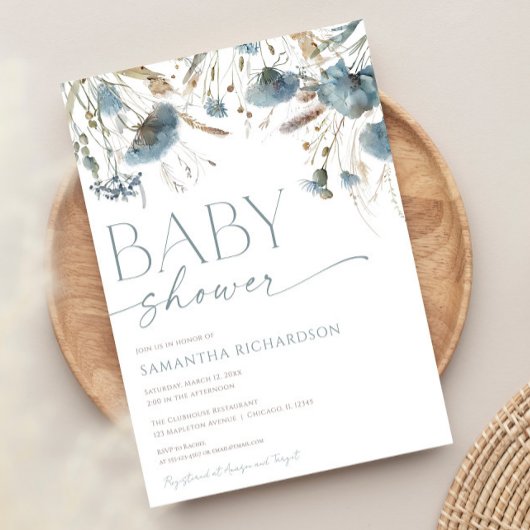 Invitation Boho bleu Dusty baby shower garçon fleur sauvage