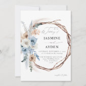 Invitation Boho bleu et beige Mariage de couronnes florales (Devant)