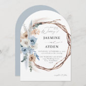 Invitation Boho Bleu et Beige Mariage de couronnes Florales B (Devant / Derrière)