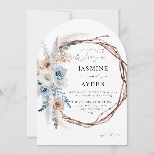 Invitation Boho Bleu et Beige Mariage de couronnes Florales B (Devant)