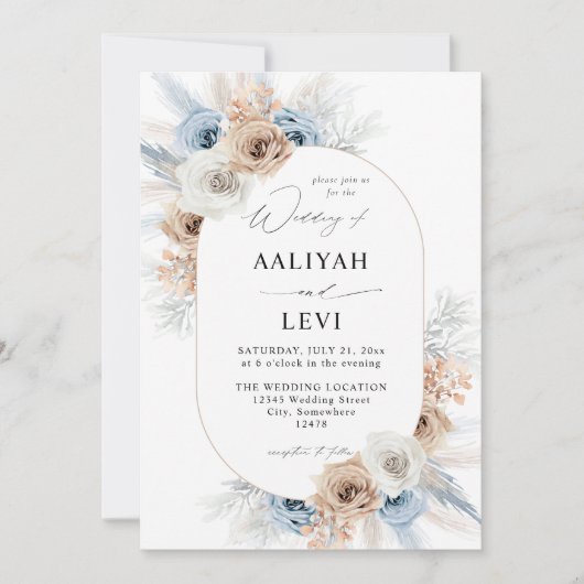 Invitation Boho bleu et beige Mariage floral 2 (Devant)