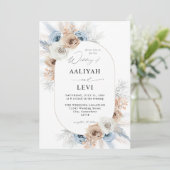 Invitation Boho bleu et beige Mariage floral 2 (Debout devant)