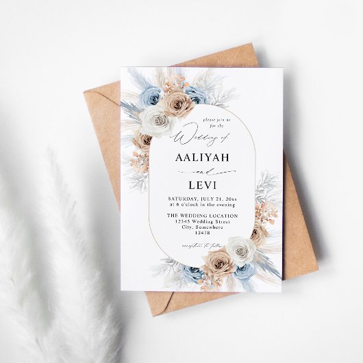 Invitation Boho bleu et beige Mariage floral 2