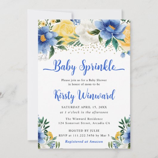 Invitation Boho bleu et fleurs d'été jaunes Baby Sprinkle (Devant)