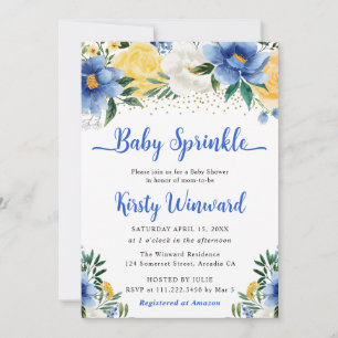 Invitation Boho Bleu et Fleurs d'Été Jaunes Baby Sprinkle