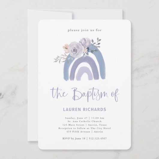 Invitation Boho bleu et pourpre | Baptême arc-en-ciel (Devant)