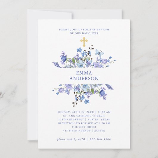 Invitation Boho bleu et violet | Baptême floral (Devant)