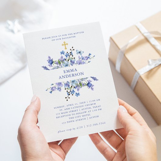 Invitation Boho bleu et violet | Baptême floral