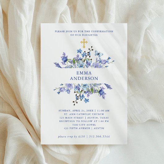 Invitation Boho bleu et violet | Confirmation florale