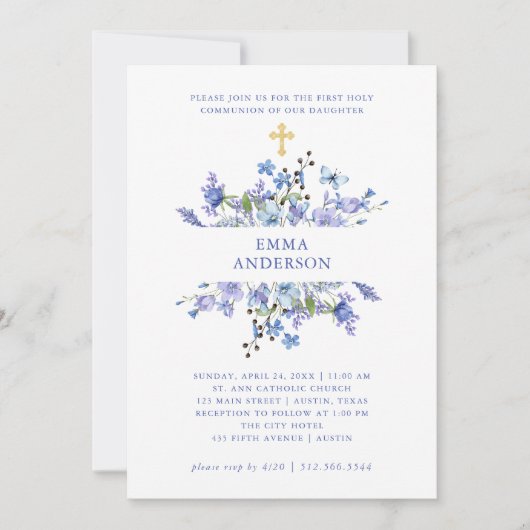 Invitation Boho bleu et violet | Première communion sainte fl (Devant)
