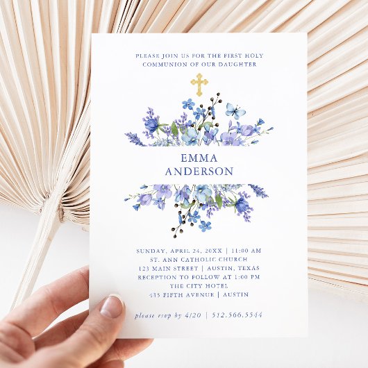 Invitation Boho bleu et violet | Première communion sainte fl