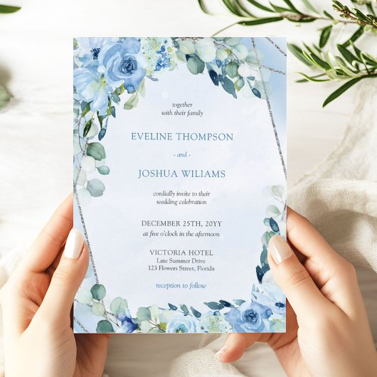 Invitation Boho bleu fleuri eucalyptus et argent mariage
