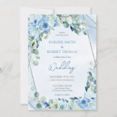 Invitation Boho bleu fleuri eucalyptus et argent mariage (Devant)