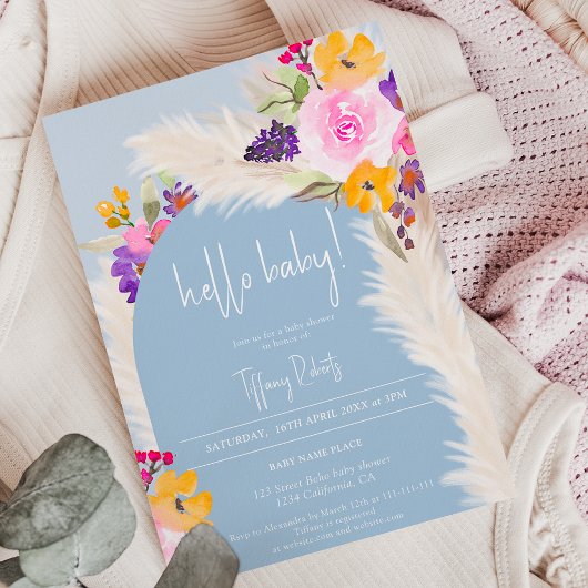 Invitation Boho bleu floral arche garçon bonjour baby shower