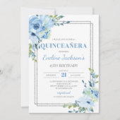 Invitation Boho bleu floral argenté cadre rustique quinceaner (Devant)