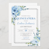 Invitation Boho bleu floral argenté cadre rustique quinceaner (Devant / Derrière)