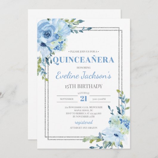 Invitation Boho bleu floral argenté cadre rustique quinceaner (Devant / Derrière)