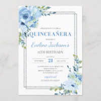 Boho bleu floral argenté cadre rustique quinceaner