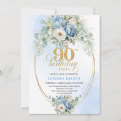 Invitation Boho Bleu Floral Or Éternel 90e Anniversaire (Devant)