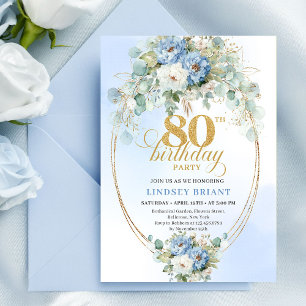 Invitation Boho Bleu Floral Peony Cadre Doré 80e Anniversaire