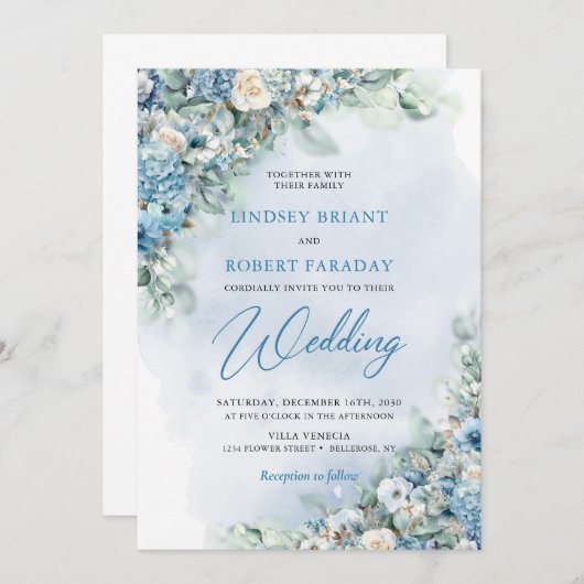 Invitation Boho bleu hydrangea et crème roses eucalyptus (Devant / Derrière)