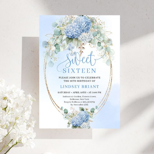 Invitation Boho Bleu Hydrangea Or pour un Sweet Si