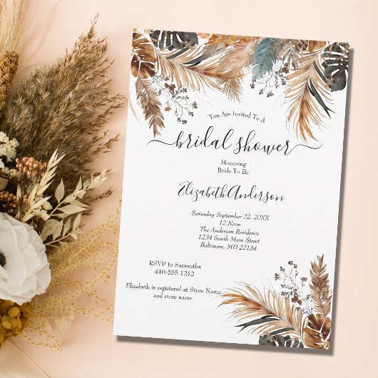 Invitation Boho Bleu Marron Herbe de Pampas Feuilles de Palmi