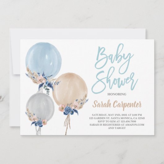 Invitation Boho bleu poussiéreux baby shower ballons garçon (Devant)