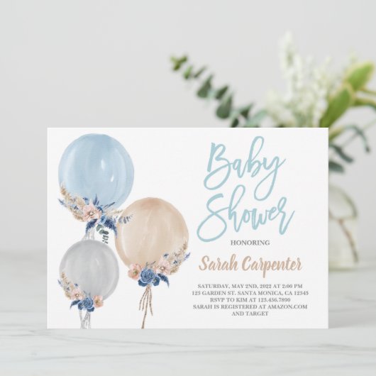 Invitation Boho bleu poussiéreux baby shower ballons garçon (Debout devant)