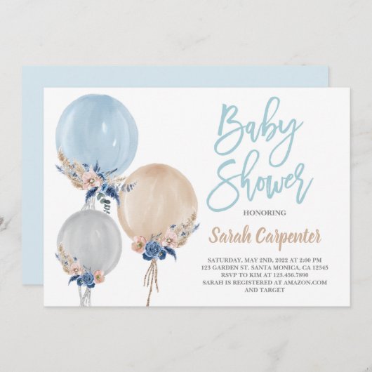 Invitation Boho bleu poussiéreux baby shower ballons garçon (Devant / Derrière)