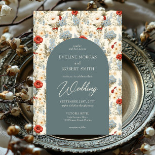 Invitation Boho bleu poussiéreux et terre cuite arche de fleu